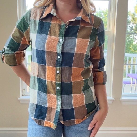 Vintage Worn in Earthy Toned Green and Orange Fall Flannel - Picture 1 of 2